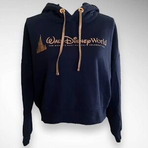WALT DISNEY 50th Anniversary Navy Blue and Rose Gold Cropped Hooded Sweatshirt
